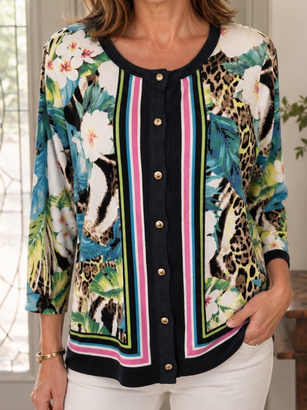 Rafaella Tropical Leopard Print Cardigan Xl Button Front Colorful